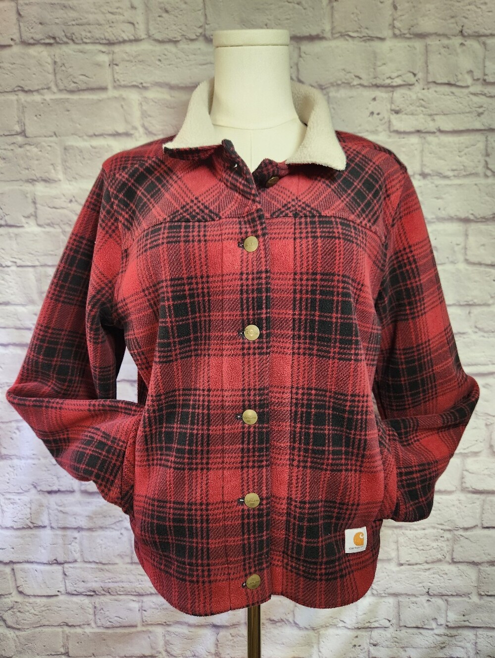 Carhartt Cedar Jacket Sherpa Collar Red Plaid Fleece Womens Med 8/10 Button Up